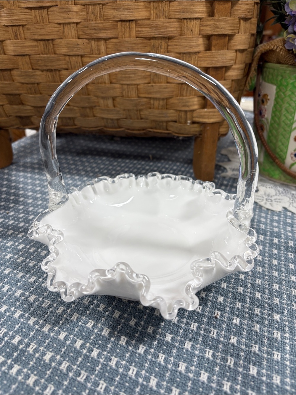 Fenton Silver Crest white milk glass basket, featuring a ruffled clear edge